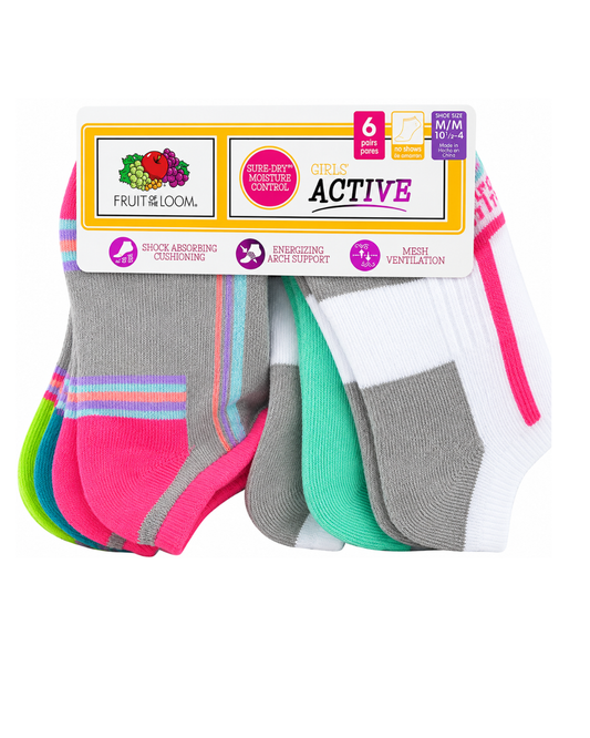 Fruit of the Loom Girls' Active Socks No Show – 6 Pack (Medium)