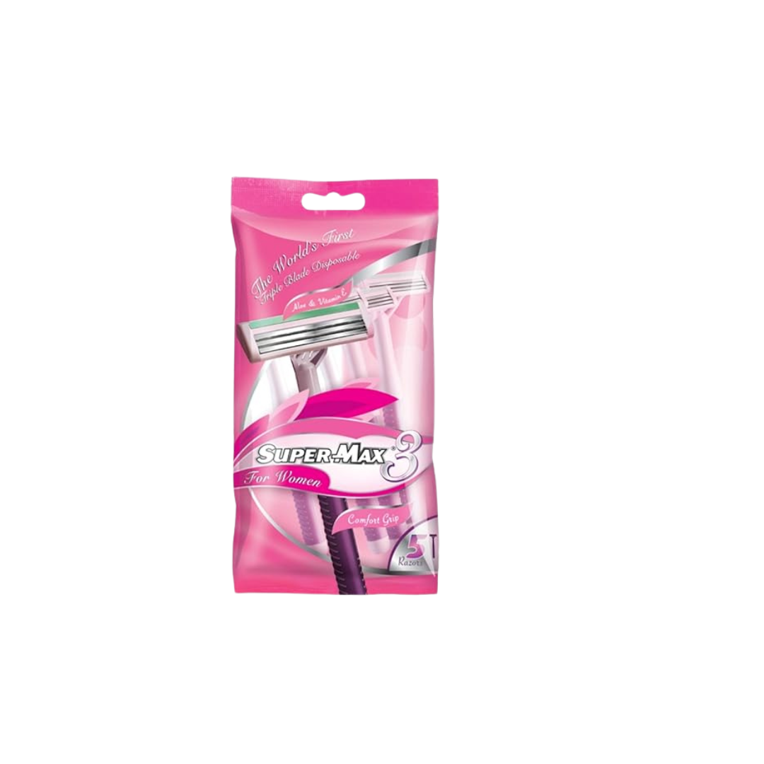 SUPER MAX TRIPLE BLADE DISPOSIBLE RAZOR WITH 5 PACK METAL HANDLE