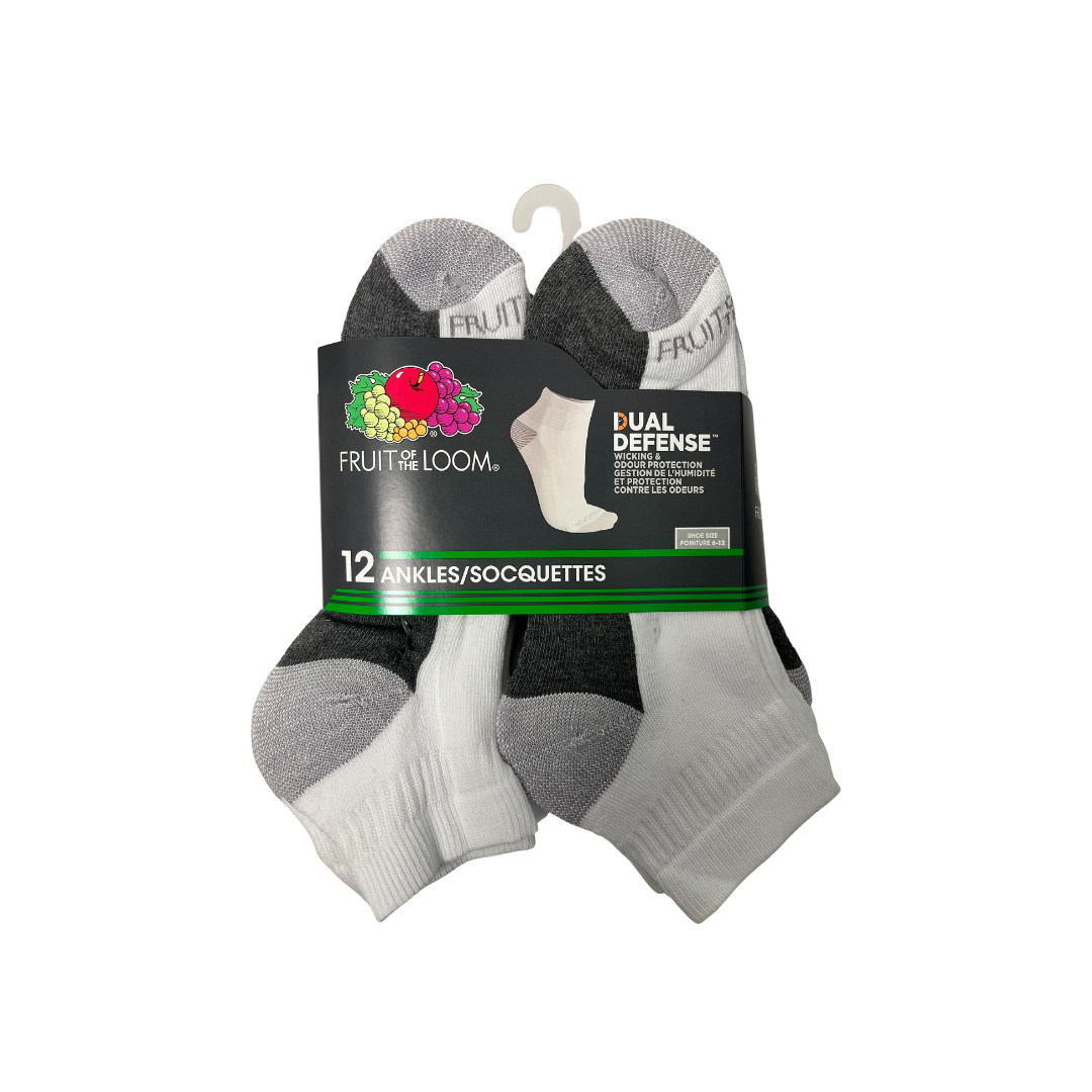 FRUIT OF THE LOOM DUAL DEFENSE 12 PACK ANKLE SOCKS SIZE 6-12