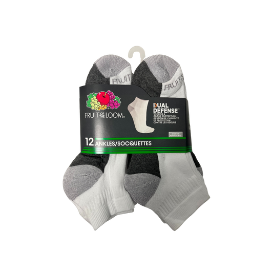 FRUIT OF THE LOOM DUAL DEFENSE 12 PACK ANKLE SOCKS SIZE 6-12