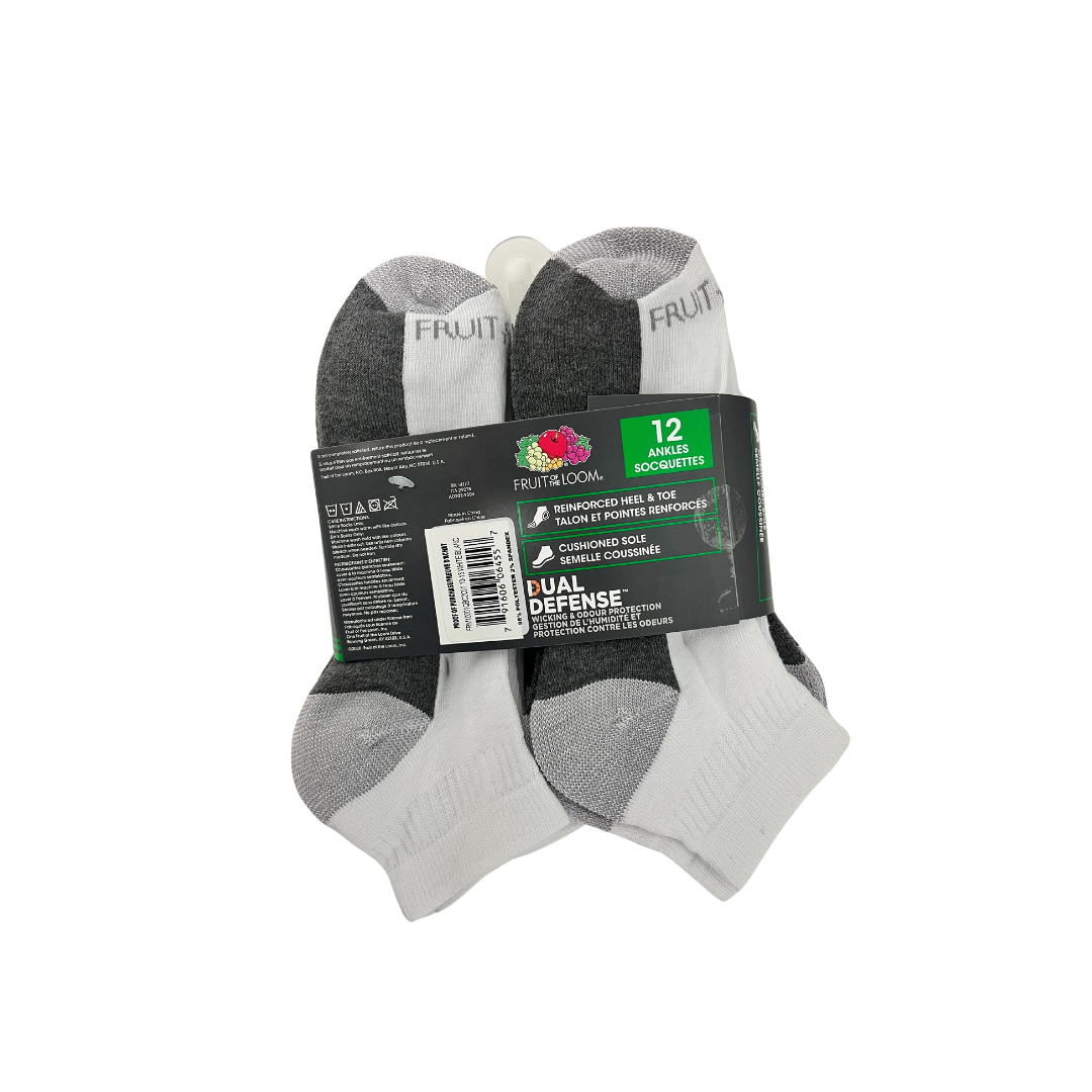 FRUIT OF THE LOOM DUAL DEFENSE 12 PACK ANKLE SOCKS SIZE 6-12