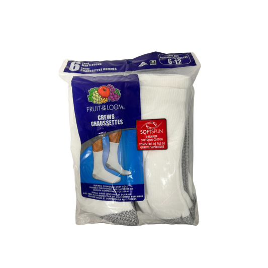 FRUIT OF THE LOOM CREW SOCKS 6 PACK WHITE SIZE 6-12 SOFT SPUN PREMIUM SOFTSPUN COTTON