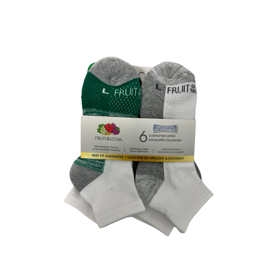 FRUIT OF THE LOOM 6 PACK CUSHIONED ANKLE SOCKS BREATHABLE MESH PERFORMANCE STRETCH WHITE