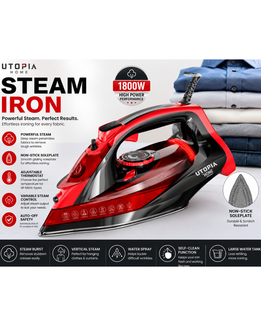Utopia Home Steam Iron for Clothes – 1800W Non-Stick Soleplate