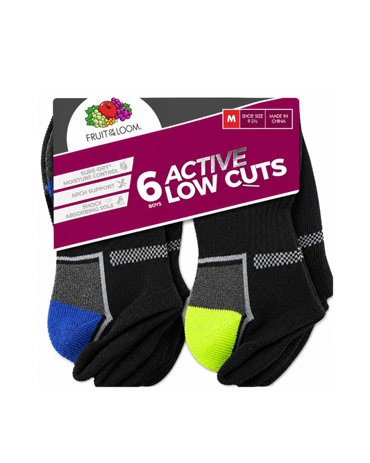 Fruit of the Loom Boys' Active Low Cut Socks, 6-Pack, Medium