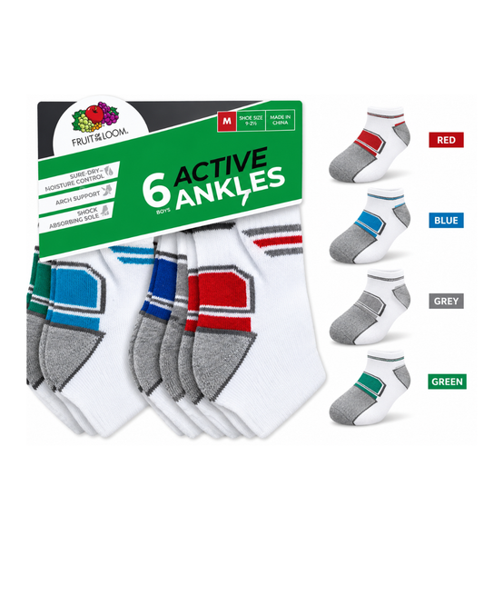 Fruit of the Loom Boys' Active Ankle Socks – 6 Pack, Medium
