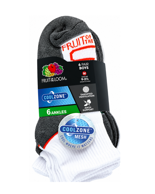 Fruit of the Loom CoolZone Ankle Socks – 6 Pairs, Medium (Boys' Shoe Size 9–2½)