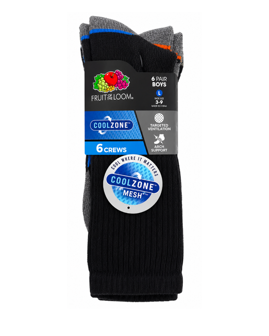 Fruit of the Loom Boys' Crew CoolZone Socks – 6 Pairs, Large