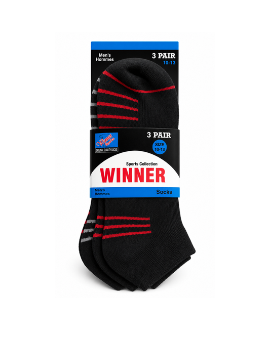 WINNER Sports Collection Designer Socks 3 Pair for Men in Black (Sizes 10–13)