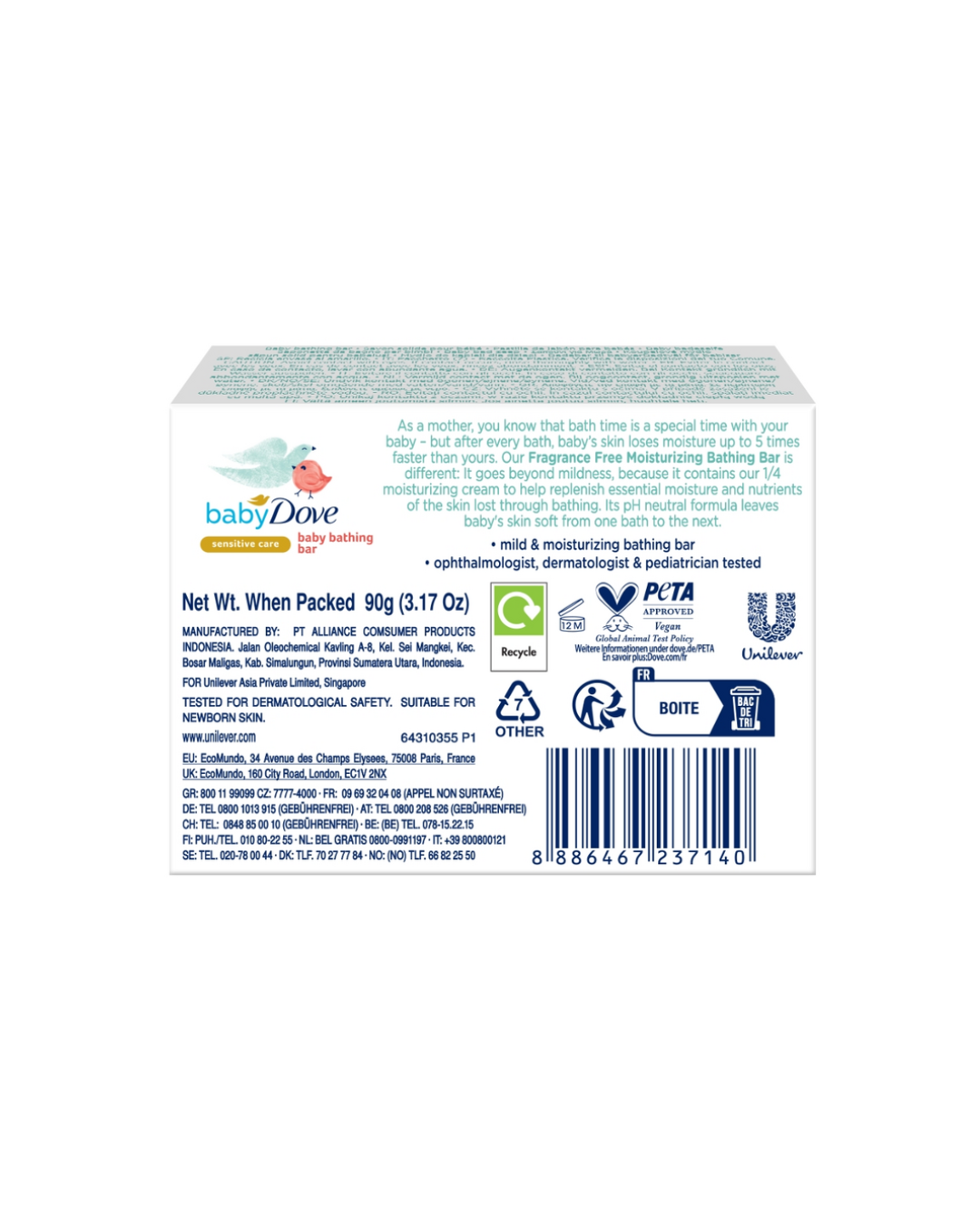 Baby Dove Sensitive Fragnance Free  Moisture Bar Soap  - 90g (4 Pack )
