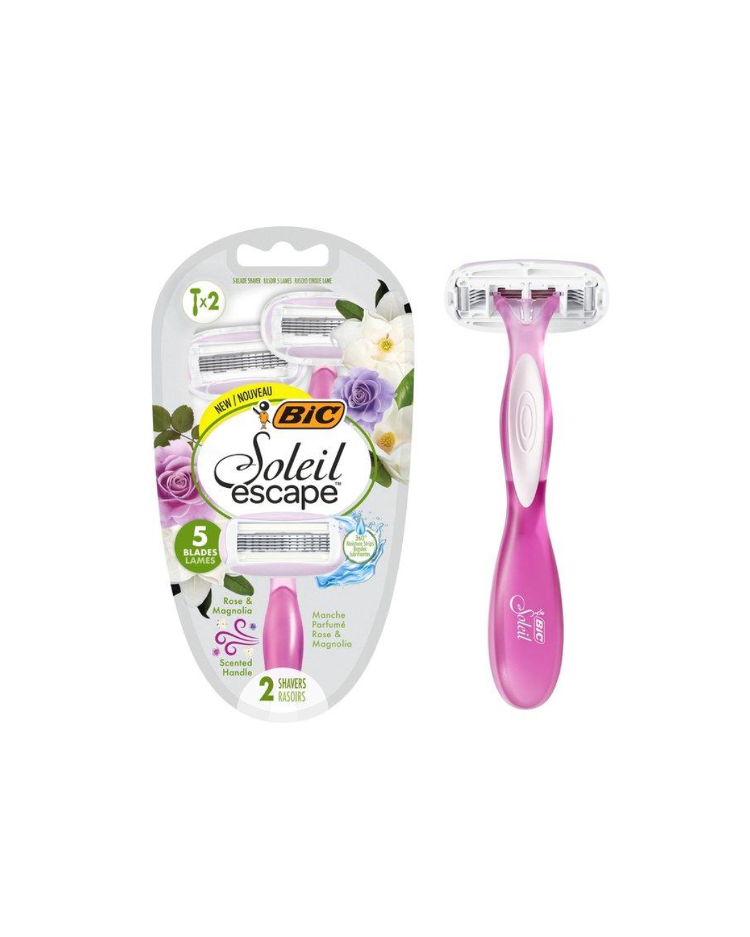 BIC Soleil Escape Women's Disposable Razors – 5 Blades, Rose & Magnolia Scented Handles – 2 Count
