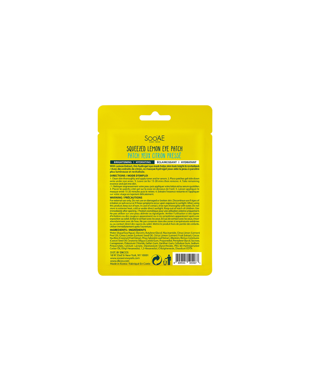Soo'AE Squeezed Lemon Eye Patch 2.6g – Brightening & Hydrating Hydrogel Under Eye Mask with Lemon Extract
