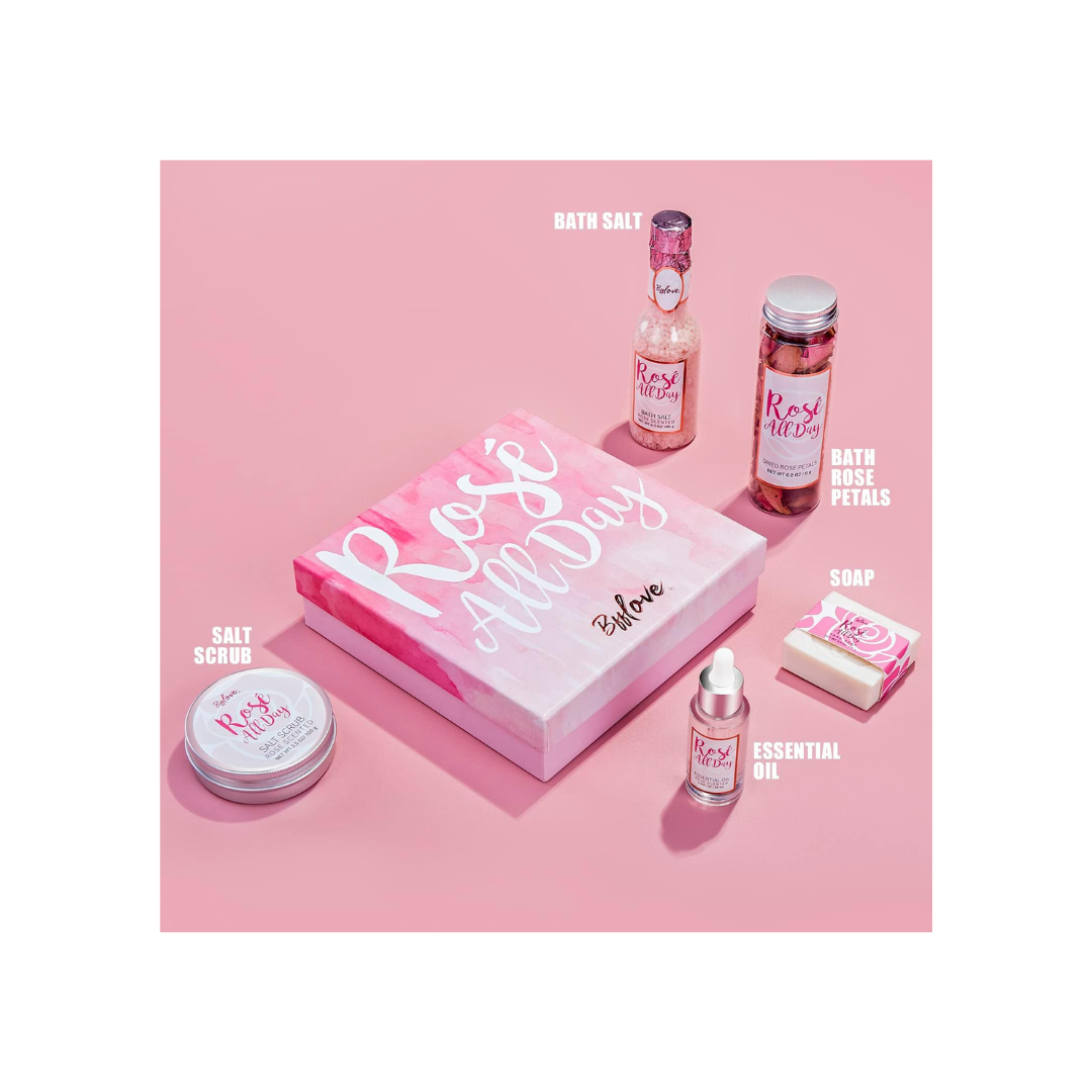 Spa Gifts for Women, Bath Gift Set - Pack of 5, with Rose Scent Gift Baskets for Her, Including Essential Oil, Bath Salt, Salt Scrub, Soap and Bath Petals