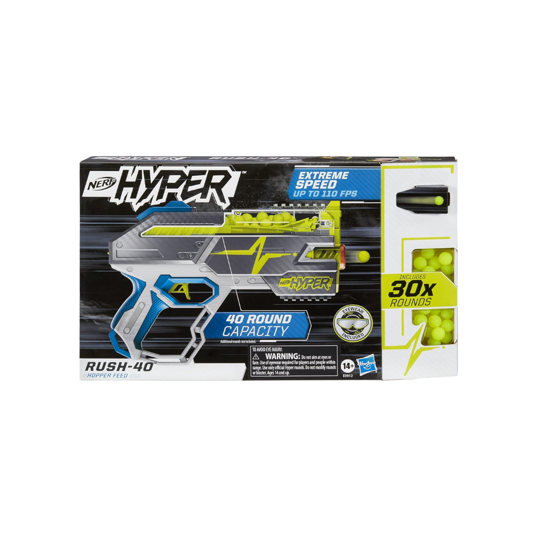 Nerf Hyper Rush-40 Pump-Action Blaster, 30 Hyper Rounds, Eyewear, Up to 110 FPS Velocity, Easy Reload, Holds Up to 40 Rounds