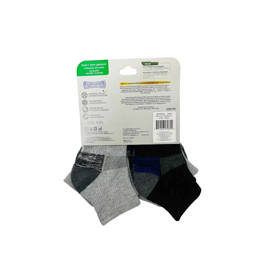 FRUIT OF THE LOOM CUSHIONED ANKLE SOCKS BREATHABLE MESH PERFORMANCE STRETCH FOR BOYS SIZE 9-21/2 SHOE SIZE