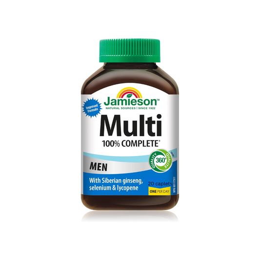 Jamieson 100% Complete Multivitamin for Men 20 Caplets, with Siberian Ginseng, Lycopene and Selenium. Supports Eye Health, Energy, Immunity, and Everyday Health