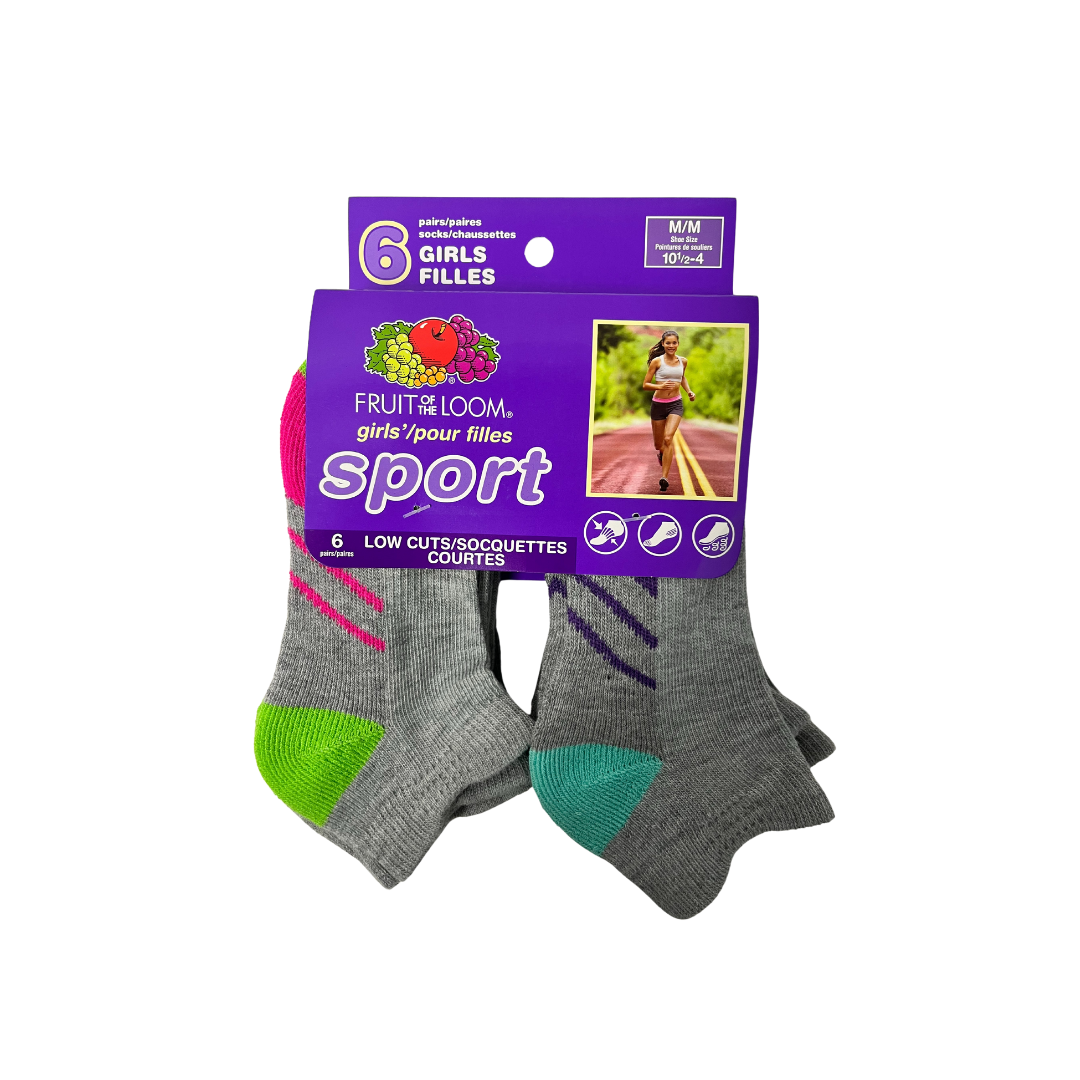 FRUIT OF THE LOOM 6 PAIRS LOW CUTS SPORT FOR GIRLS HAS ARCH SUPPORT, REINFORCED HEEL & TOE, CUSHIONED SOLD SIZES 4-10 LARGE