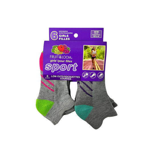 FRUIT OF THE LOOM 6 PAIRS LOW CUTS SPORT FOR GIRLS HAS ARCH SUPPORT, REINFORCED HEEL & TOE, CUSHIONED SOLD SIZES 4-10 LARGE