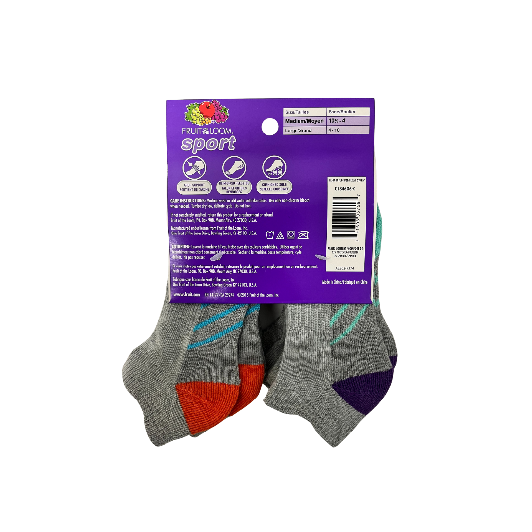 FRUIT OF THE LOOM 6 PAIRS LOW CUTS SPORT FOR GIRLS HAS ARCH SUPPORT, REINFORCED HEEL & TOE, CUSHIONED SOLD SIZES 4-10 LARGE