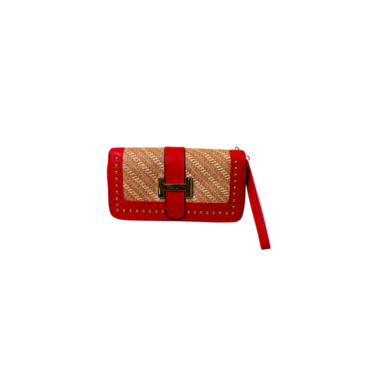 Women Double Zipper Wallet red and beige studded clutch bag with a wristlet strap