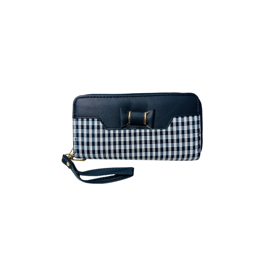 Women Double Zipper Wallet blue and white houndstooth patterned wallet with a bow