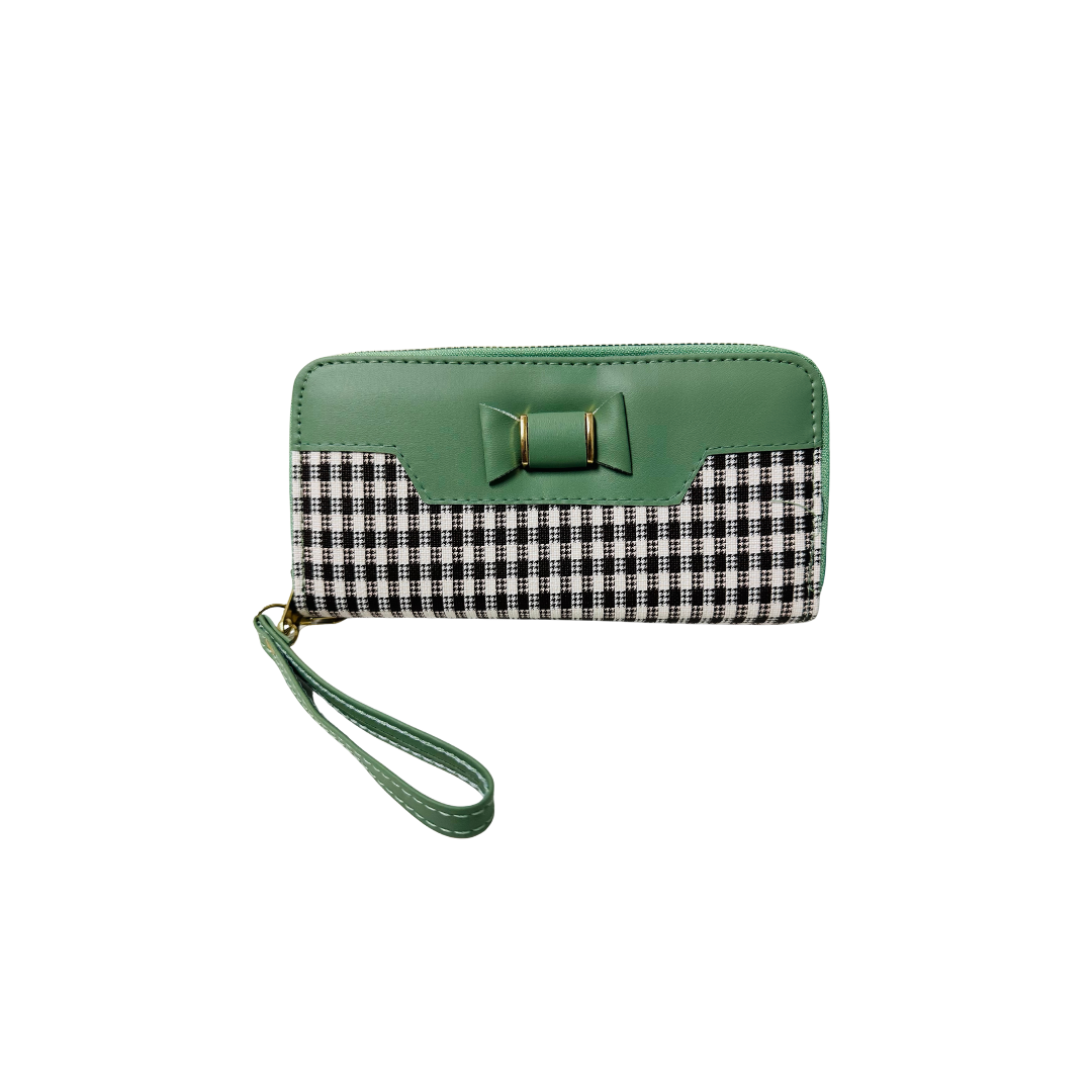 Women Double Zipper Wallet generic green and black houndstooth patterned wallet with a bow