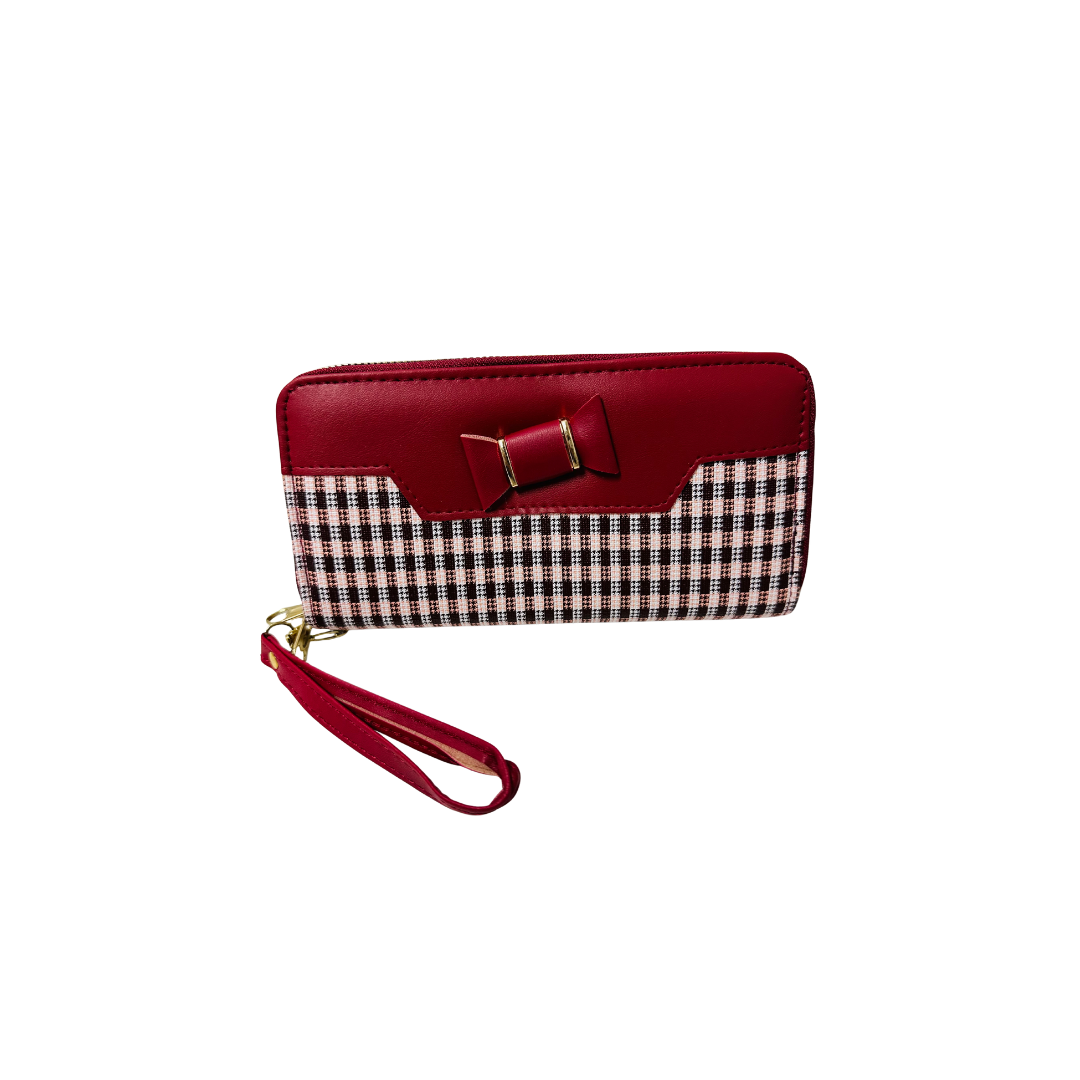 Women Double Zipper Wallet  red and black houndstooth patterned wallet with a bow