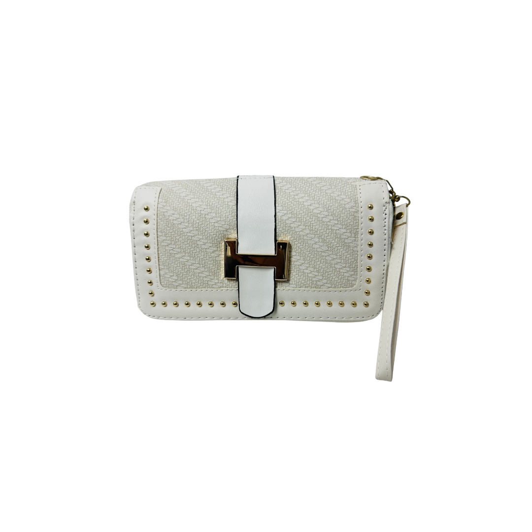 Women's Double Zipper Wallet white with a gold-tone buckle and stud detailing