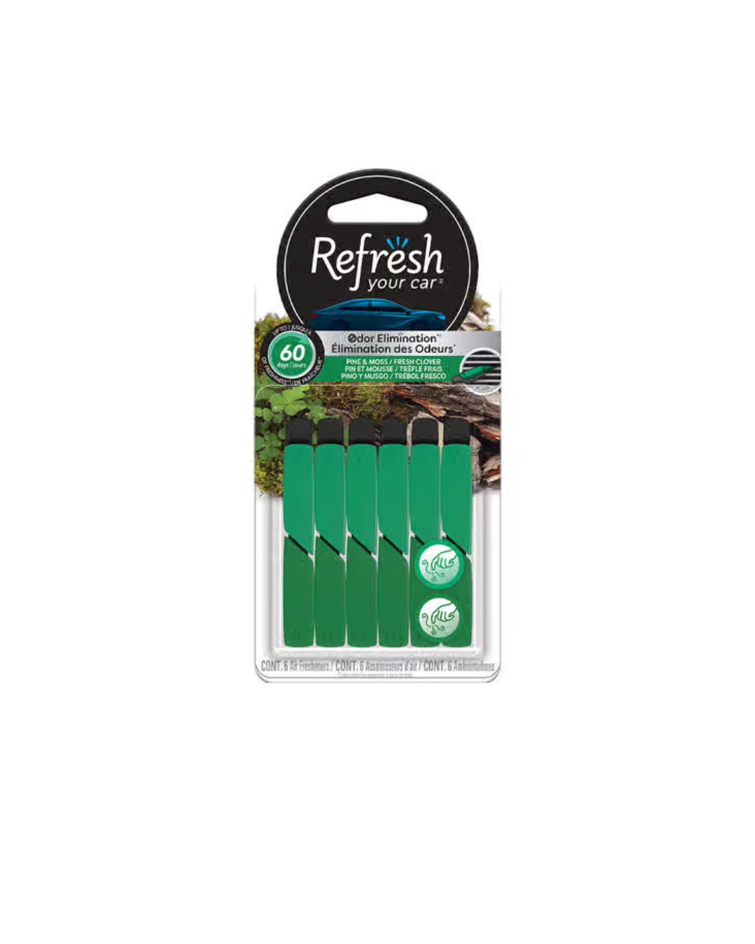 REFRESH YOUR CAR ODOR ELIMINATOR PINE & MOSS SCENT VENT CLIP 6 STICKS EACH LASTS UP TO 60 DAYS OF FRESHNESS