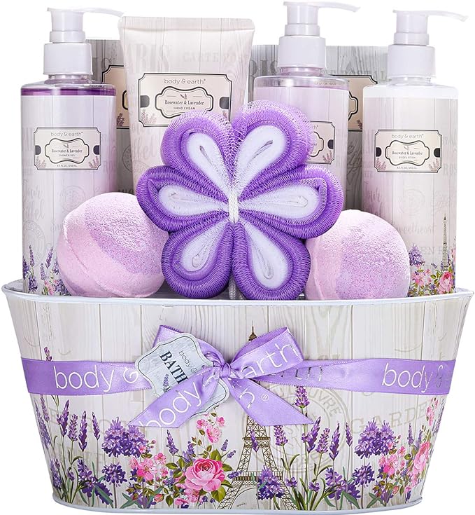 Spa Gift Baskets for Women - Pack of 10, with Rosewater & Lavender scents, Including shower gel, bath bombs, body lotion, bubble bath, hand cream, bath salts, aromatherapy oil, floral loofah and wrapped together in a re-usable decorative tin basket