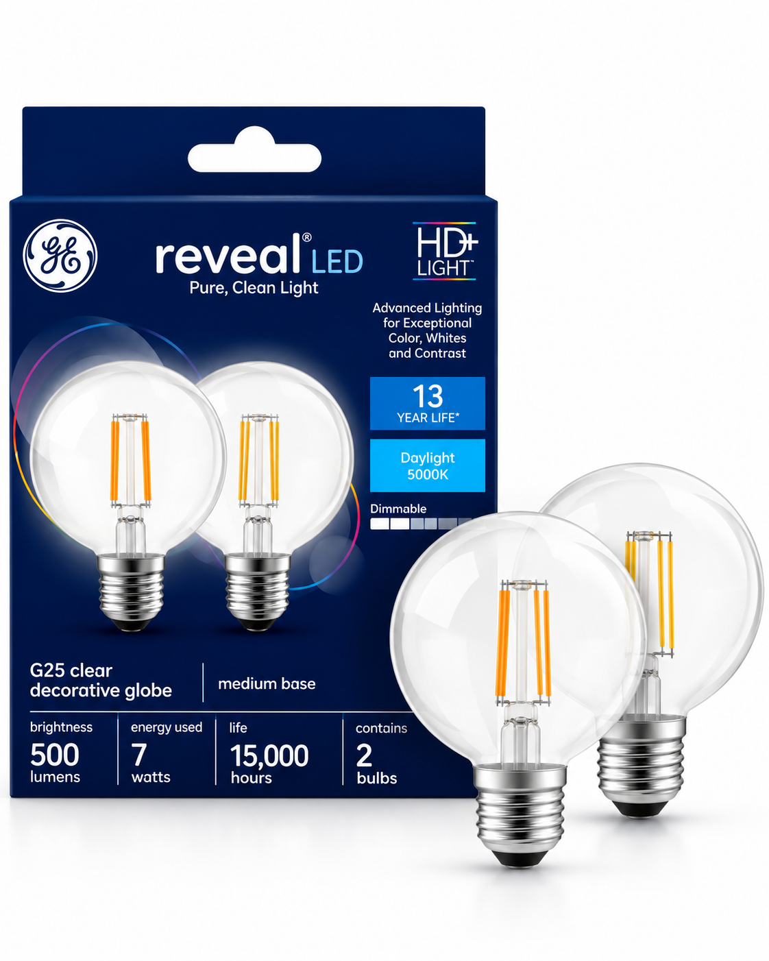 GE Reveal HD+ Colour-Enhancing LED Decorative Globe Bulbs, G25 Clear Glass, 60W Replacement, Dimmable, Medium Base, 2-Pack