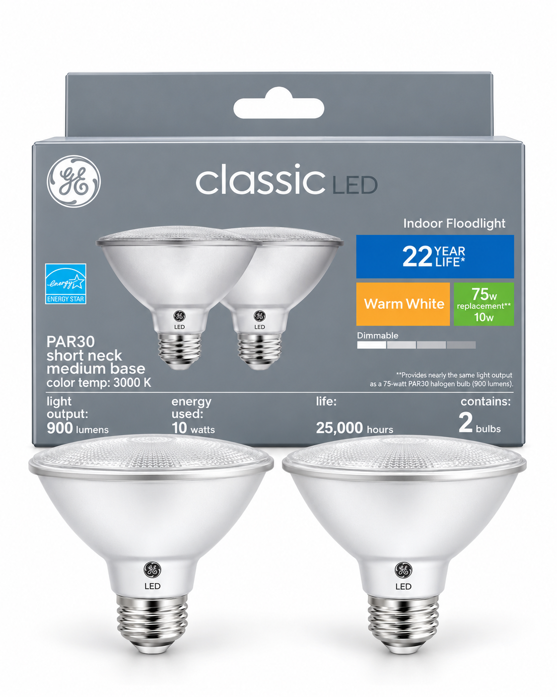 GE Classic LED PAR30 10W Warm White Short-Neck Indoor Floodlight Bulbs – 2 Pack