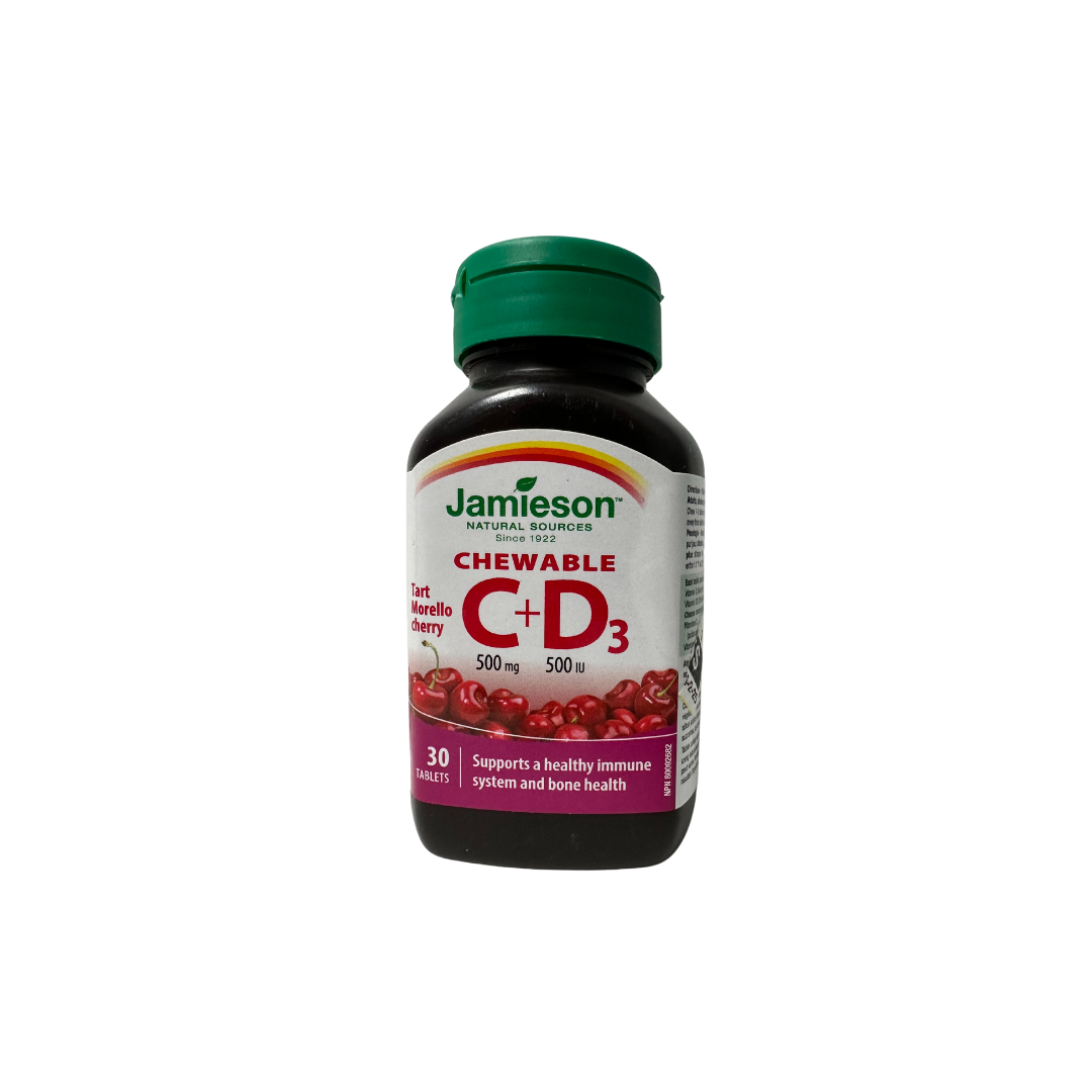 Jamieson Chewable Vitamin C 500 mg and Vitamin D3 500 IU Morello Cherry Flavour Tablets, 30 chewable tablets
