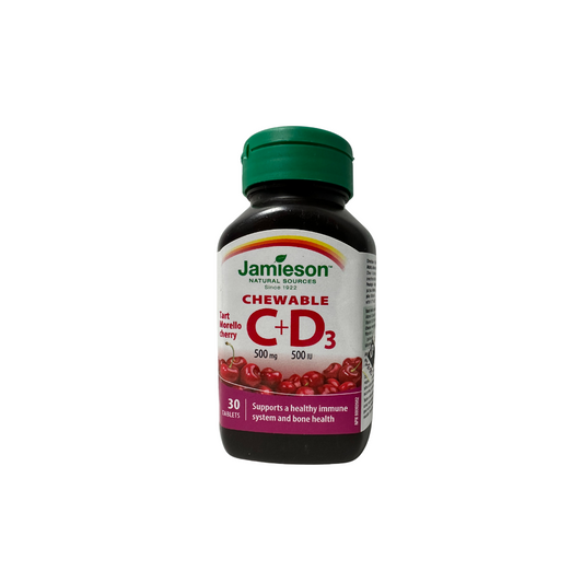 Jamieson Chewable Vitamin C 500 mg and Vitamin D3 500 IU Morello Cherry Flavour Tablets, 30 chewable tablets