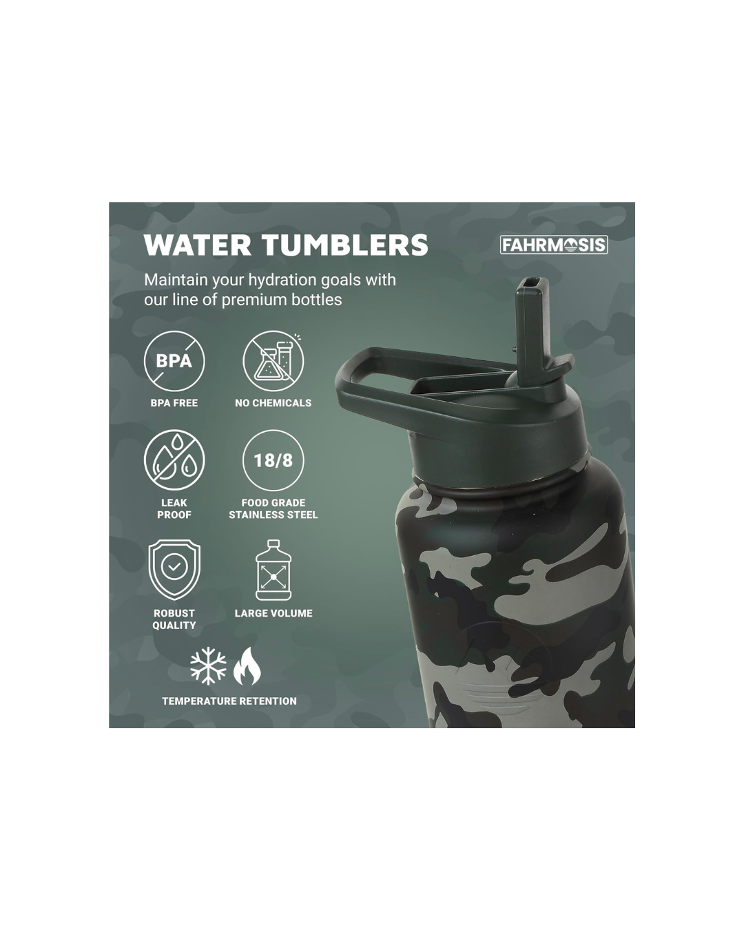 FAHRMOSIS 40 OZ Water Bottle with Straw | Insulated Water Bottle Water Jug Includes 3 Lids Water Bottles | Stainless Steel Water Bottle for Men & Women - camo