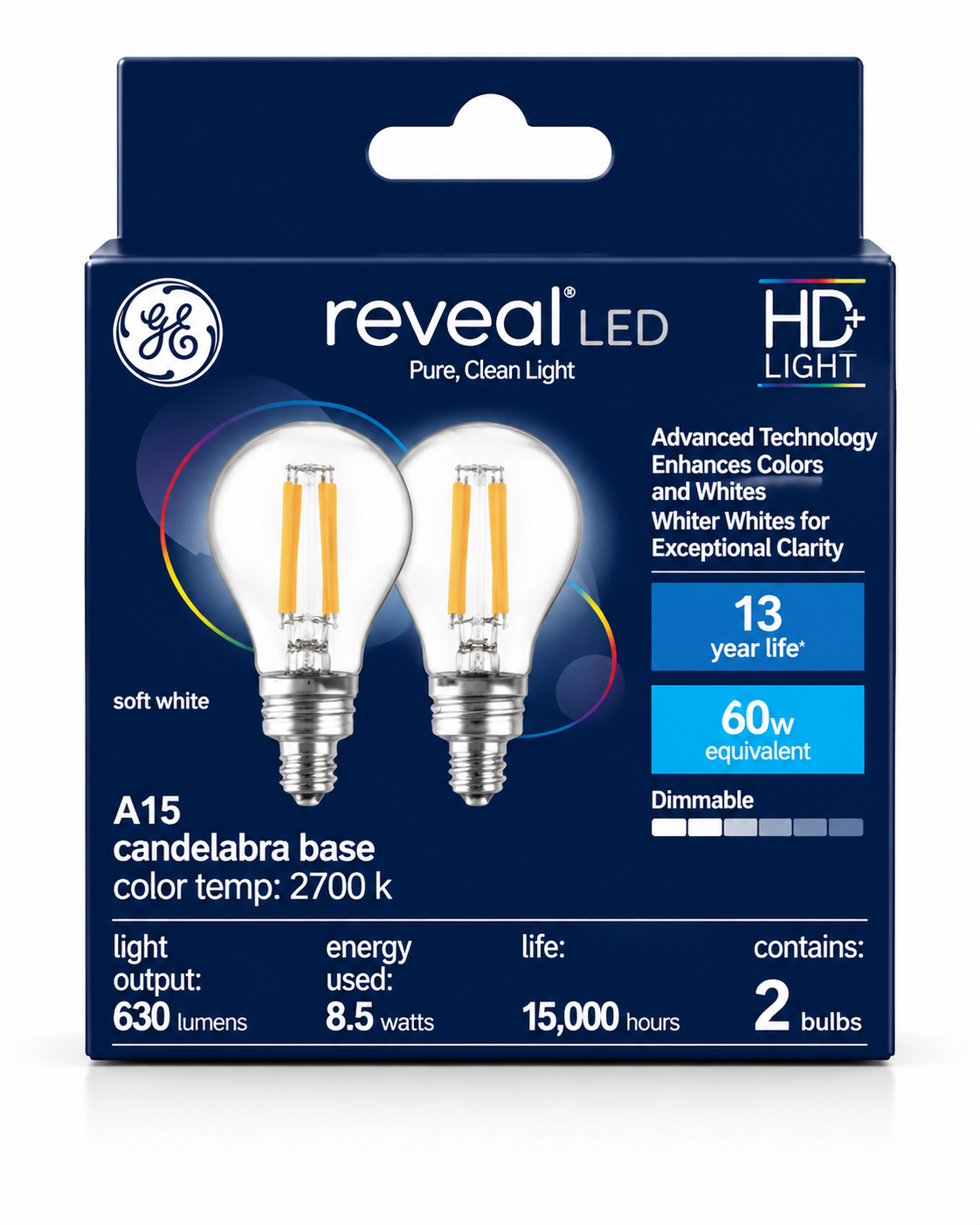 GE Reveal HD+ Colour-Enhancing LED A15 Bulbs, 60W Equivalent, Clear, Dimmable – 2 Pack