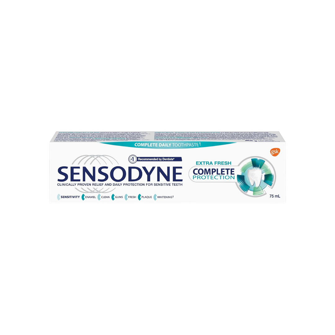 Sensodyne Daily Sensitive Toothpaste, Complete Protection and Relief for Sensitive Teeth, Protects Against Plaque, Cavities & Gingivitis, Extra Fresh, 75 mL (Packaging May Vary)