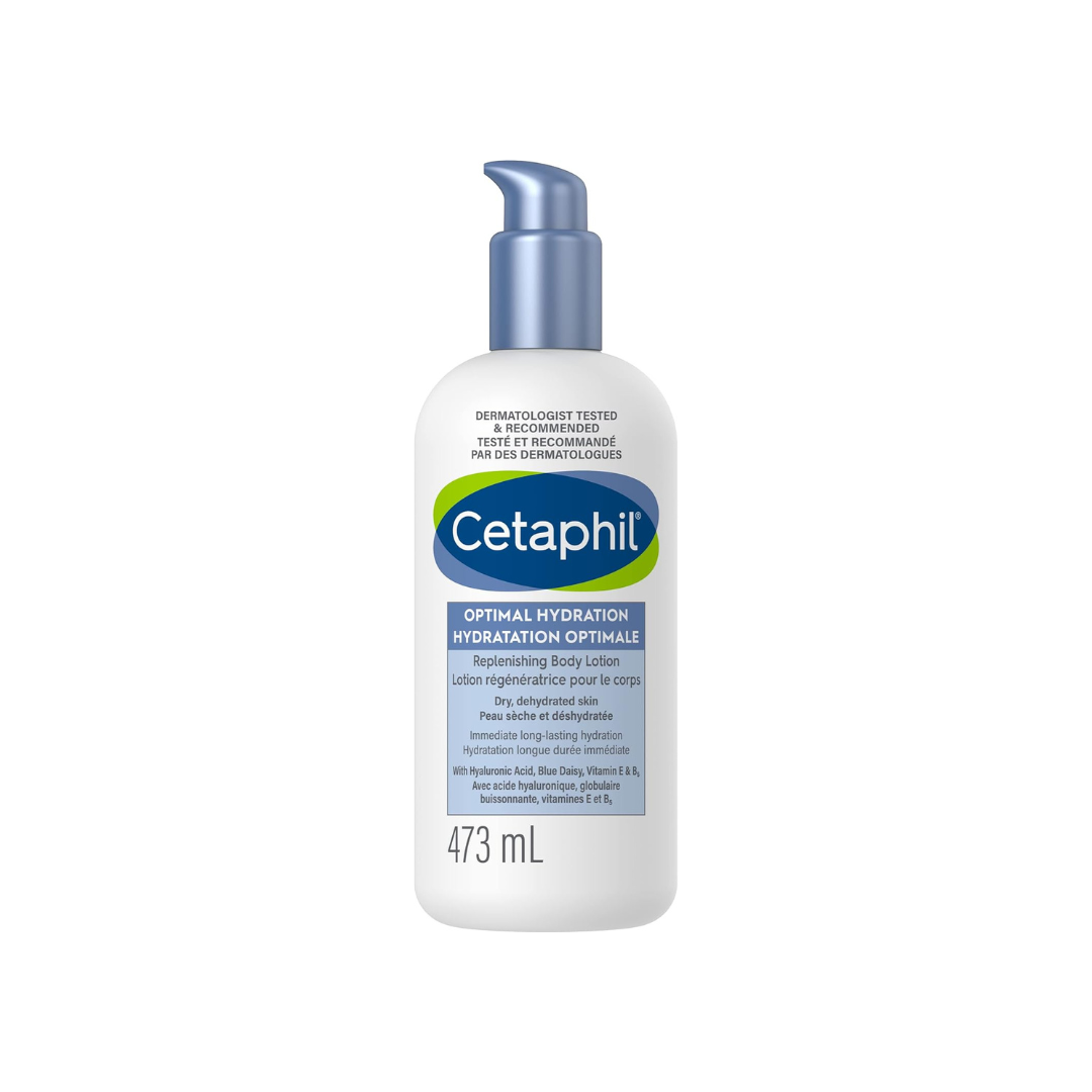 Cetaphil Optimal Hydration Replenishing Body Lotion for Sensitive, Dry and Dehydrated Skin – 48hr Hydration – With Hyaluronic Acid, Vitamin E & Vitamin B5 – Dermatologist Recommended, 473ml