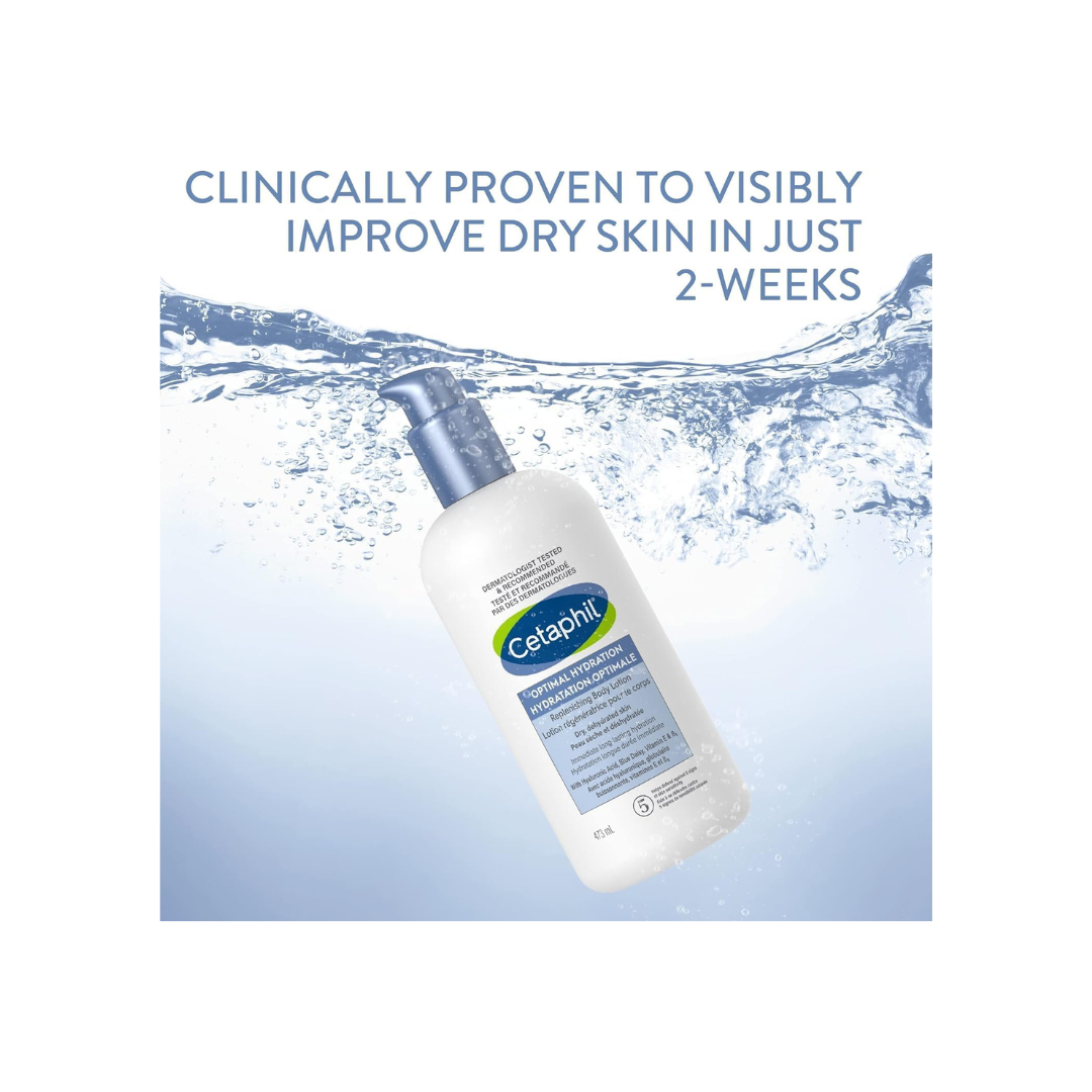 Cetaphil Optimal Hydration Replenishing Body Lotion for Sensitive, Dry and Dehydrated Skin – 48hr Hydration – With Hyaluronic Acid, Vitamin E & Vitamin B5 – Dermatologist Recommended, 473ml