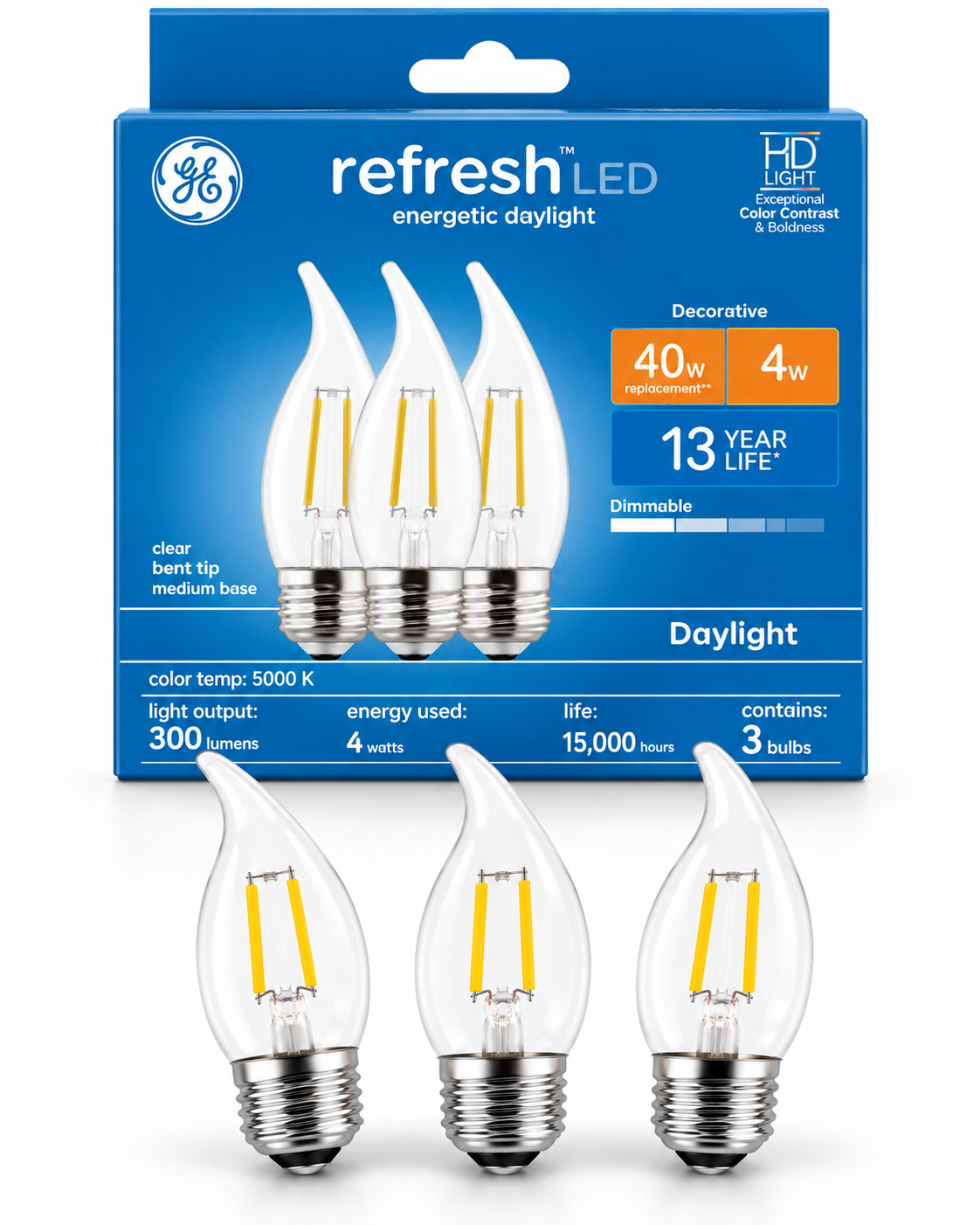 GE Refresh HD LED Clear Bent Tip Decorative Light Bulbs, 40W Equivalent, 5000K Daylight, Medium Base – 3 Pack