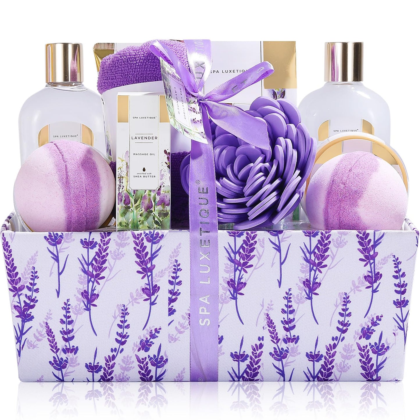 Spa Gift Set - Pack of 12, with Lavender scent, including Soap, Lavender Massage Oil, 2pc Bath Bombs, Shower Gel, Bubble Bath, Body Scrub, Body Butter, Bath Salt, Bath Puff, Hand Cream, Dry Hair Cap