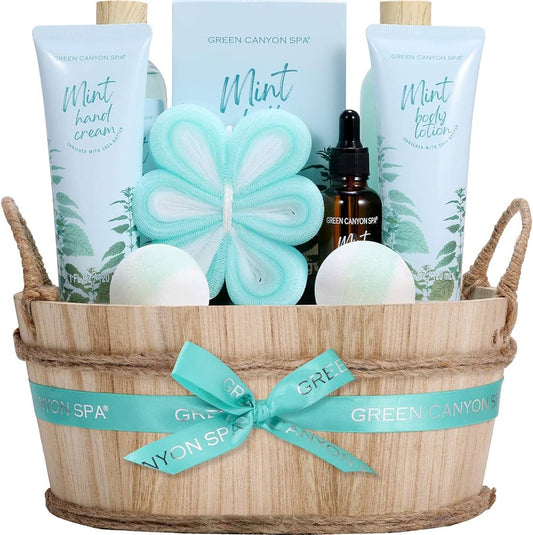 Spa Gift Baskets for Women - 11pcs Mint Scent, including Shower Gel, Bubble Bath, Body Lotion, Hand Cream, Bath Salt, Massage Essential Oil, 2 Bath Bombs, Bath Pouf and Exfoliating Loofah Glove all packaged in a basket