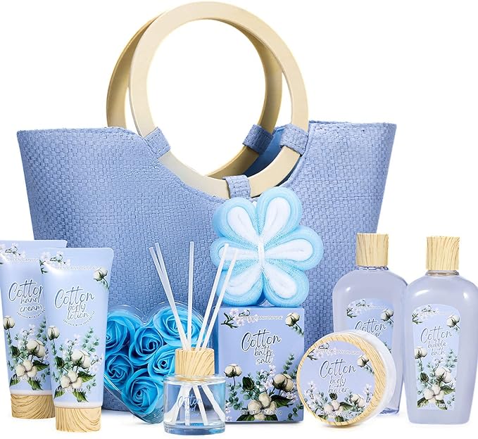 Spa Gift Set for Women- 10pcs Cotton Scent,  including Shower Gel, Bubble Bath, Bath Salts, Body Lotion, Body Butter, Hand Cream, Reed Diffuser, flower soap Bar, Pouf and Handcrafted Tote Bag.