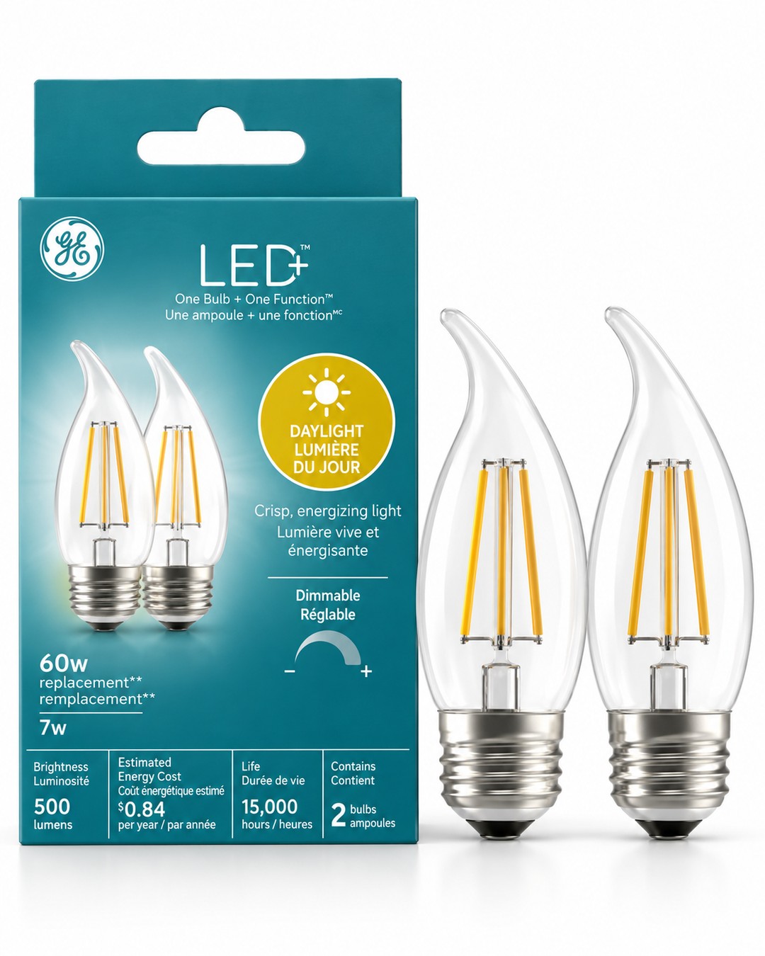 GE LED+ Daylight Dimmable CA11 Decorative LED Light Bulbs, 60W Replacement, 2-Pack
