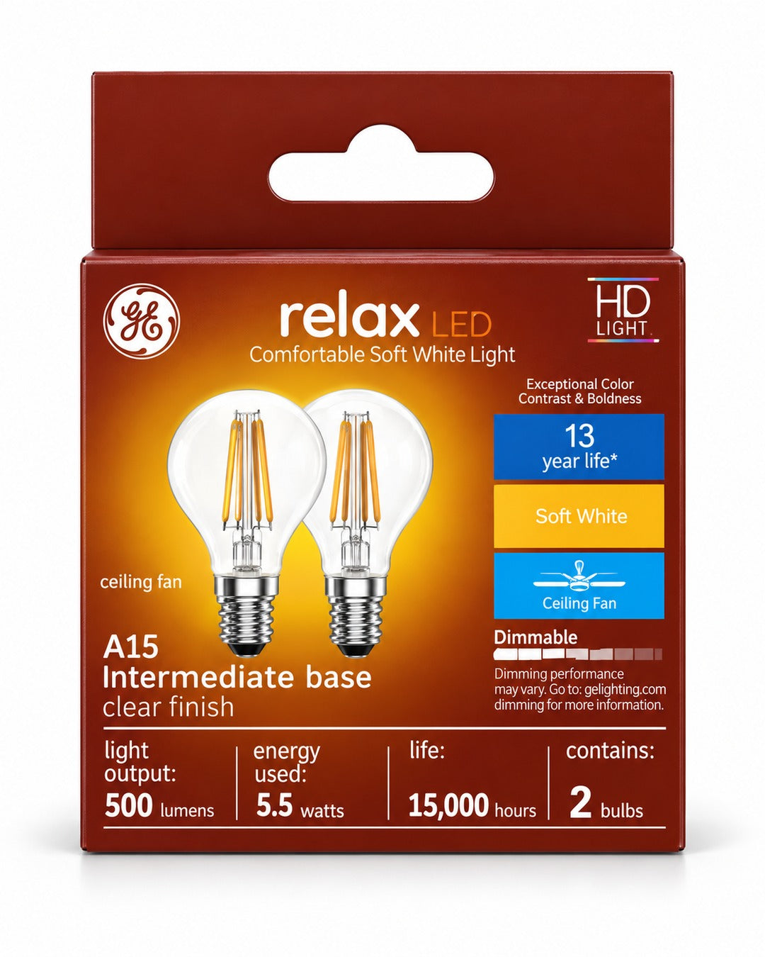 GE Relax HD Soft White 60W Replacement LED Clear Ceiling Fan Bulbs, A15 Intermediate Base, 2-Pack
