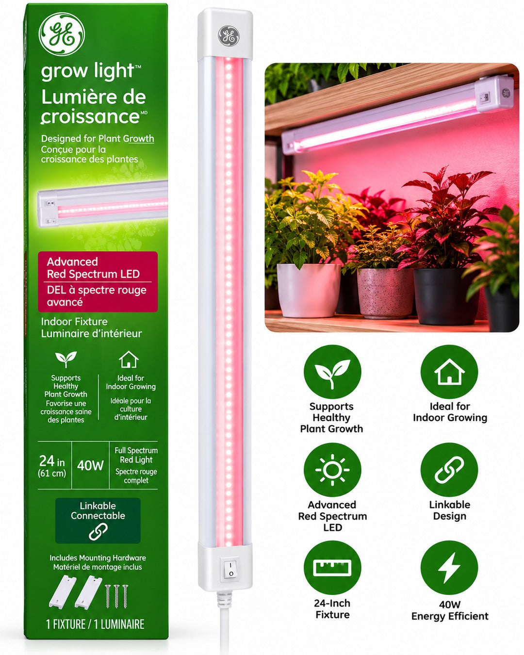 GE Lighting Grow Light 40W Advanced Red Spectrum LED Indoor Fixture, 24-Inch, 1-Pack