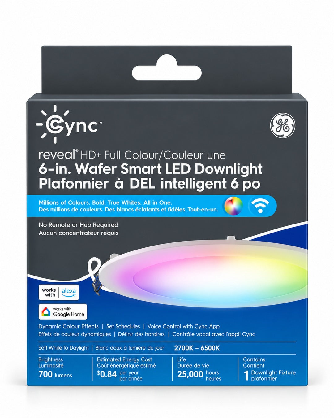 GE Lighting Cync Reveal Full Color 6-Inch Smart LED Wafer Downlight, Wi-Fi Enabled, 1-Pack