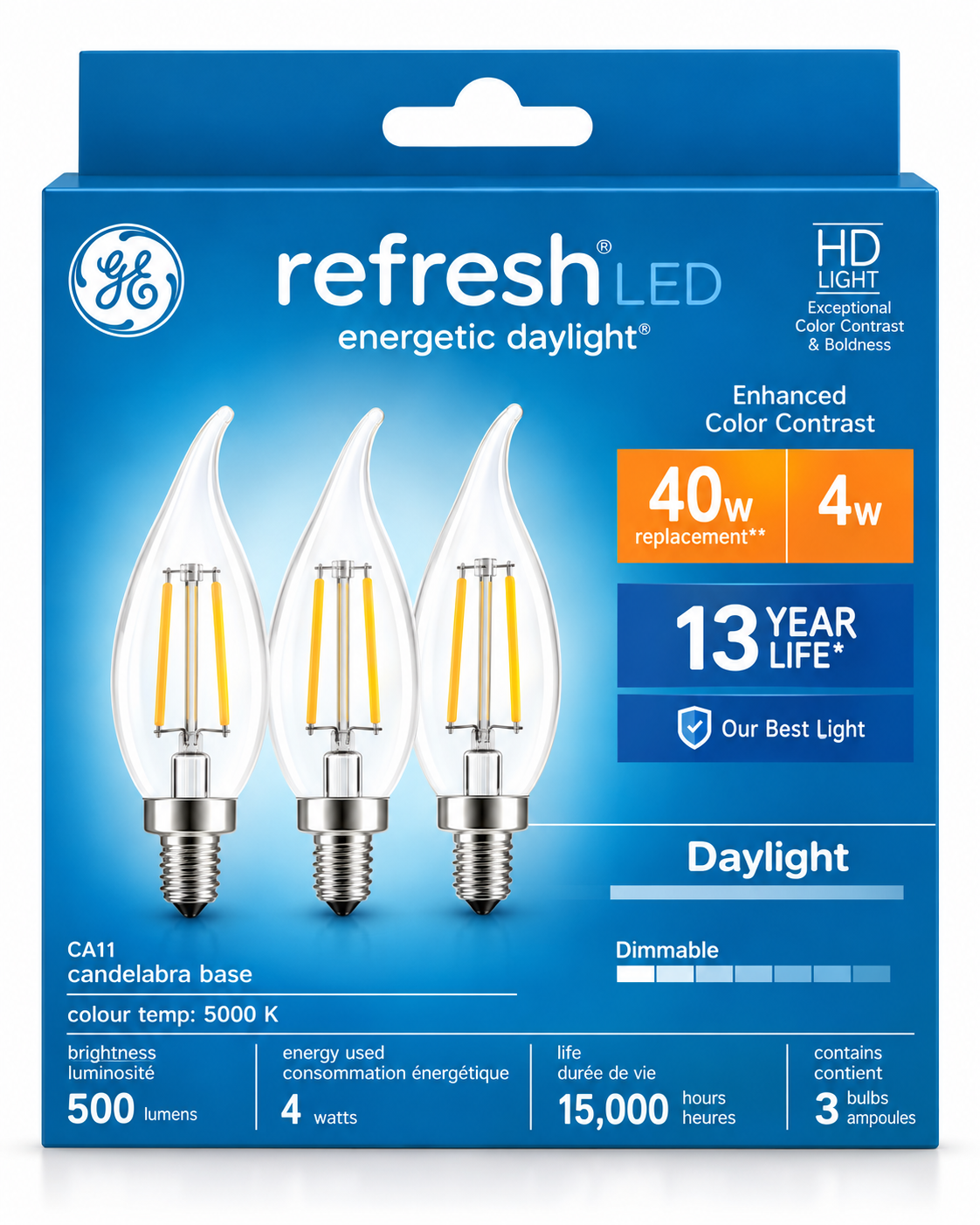 GE Lighting Refresh HD Daylight LED Candle Bulbs, 40W Replacement, Clear CA11, E12 Candelabra Base, Dimmable, 3-Pack