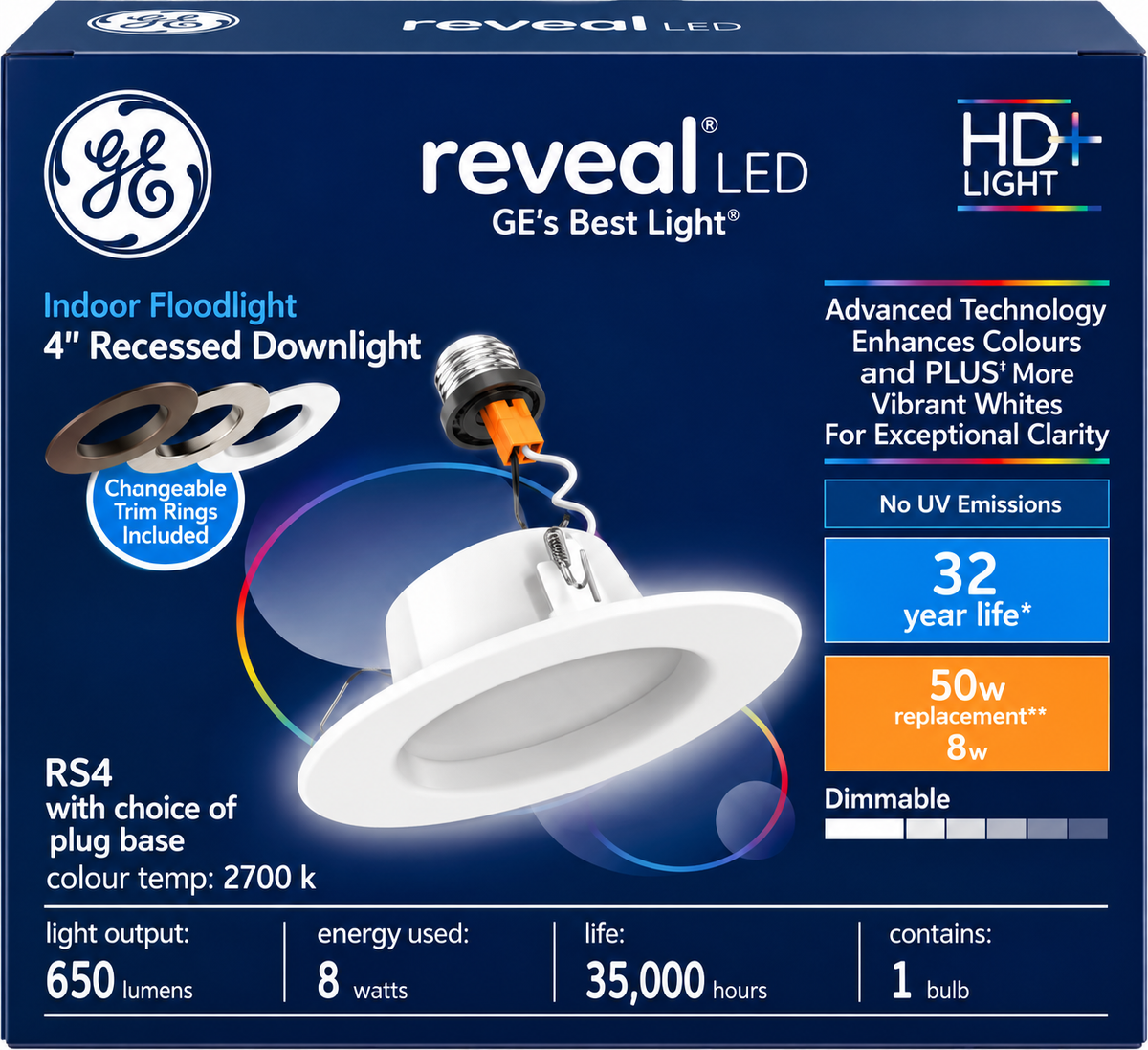 GE Reveal HD+ LED 50W Replacement 4-Inch Recessed Indoor Floodlight, Dimmable (1pc)