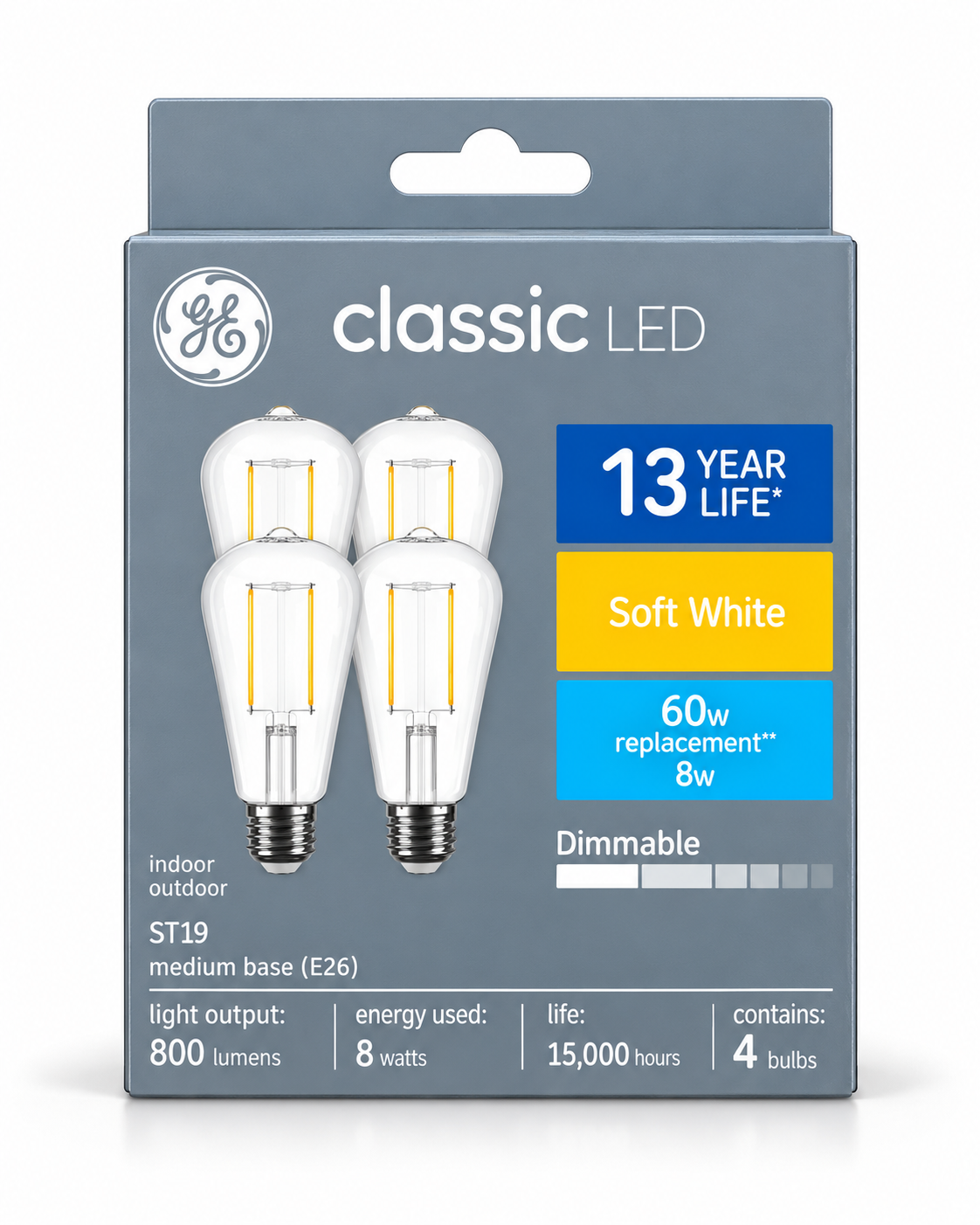 GE Classic LED ST19 Soft White Dimmable Light Bulbs, 60W Replacement, 4-Pack